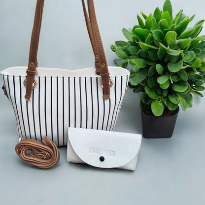 Elegant White Handbag with Black Stripes & Multi-Use Pouch