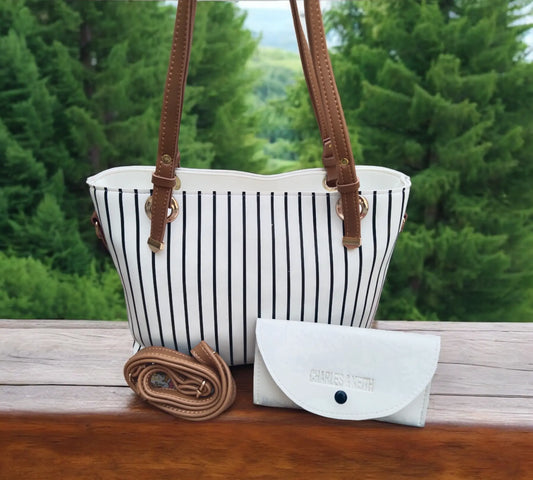 Elegant White Handbag with Black Stripes & Multi-Use Pouch