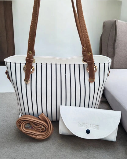 Elegant White Handbag with Black Stripes & Multi-Use Pouch