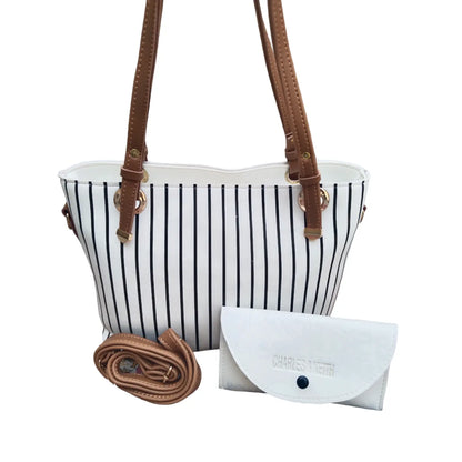 Elegant White Handbag with Black Stripes & Multi-Use Pouch